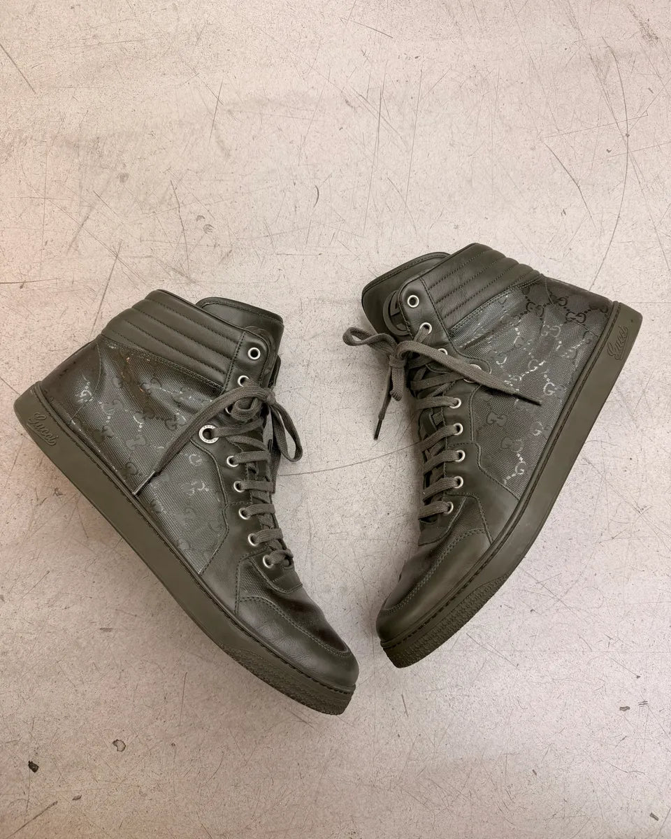 2010s Gucci Olive Coda Leather Monogram High Sneakers by Frida Giannini fJXLGUB 3
