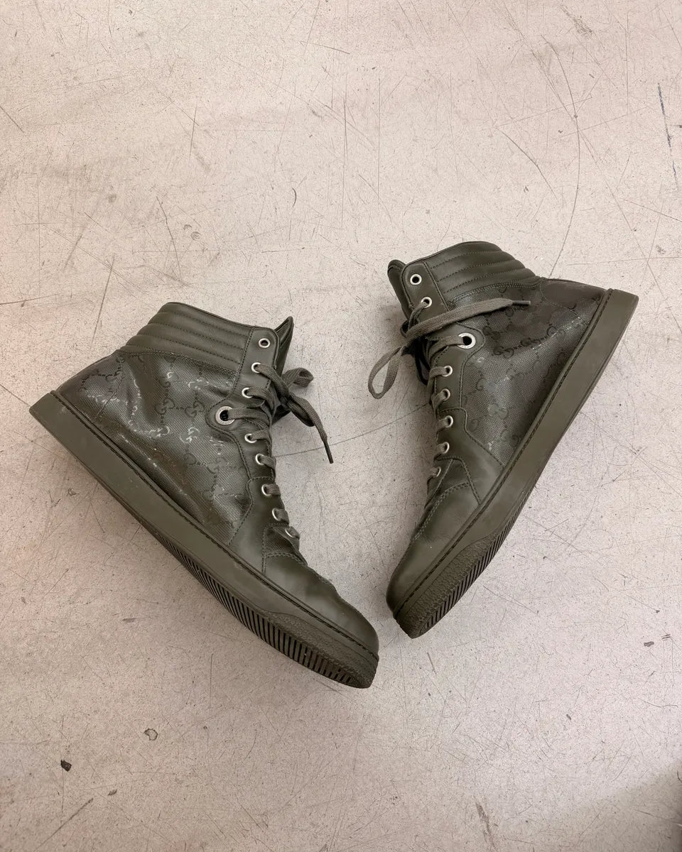 2010s Gucci Olive Coda Leather Monogram High Sneakers by Frida Giannini fJXLGUB 4