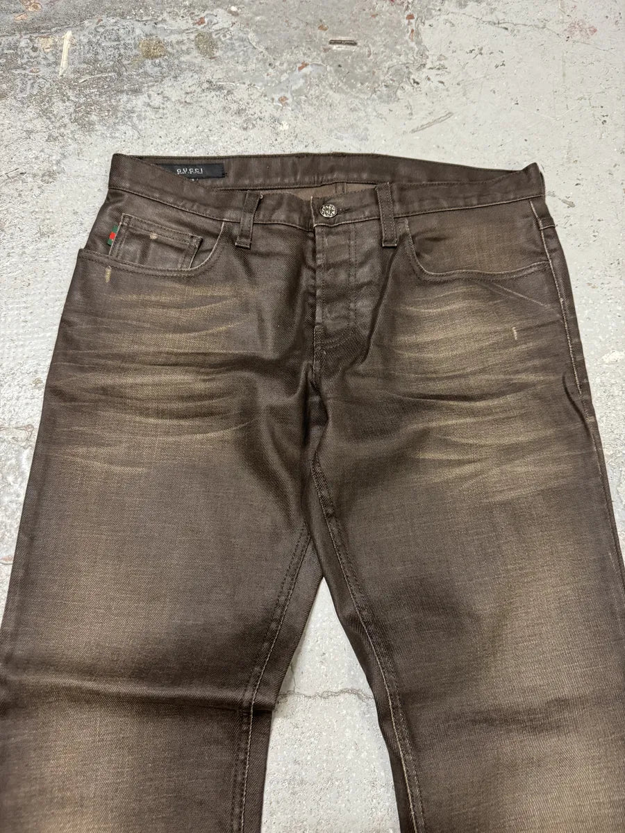 2010s Gucci Signature Brown Eroded Slim Denim Jeans WvfBGaN 7