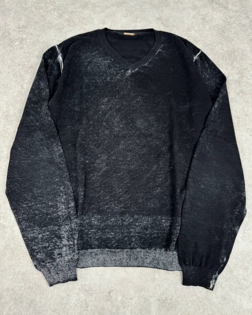2010s John Galliano Black Eroded White Irregular V Neck Sweater VKVtGhX 0