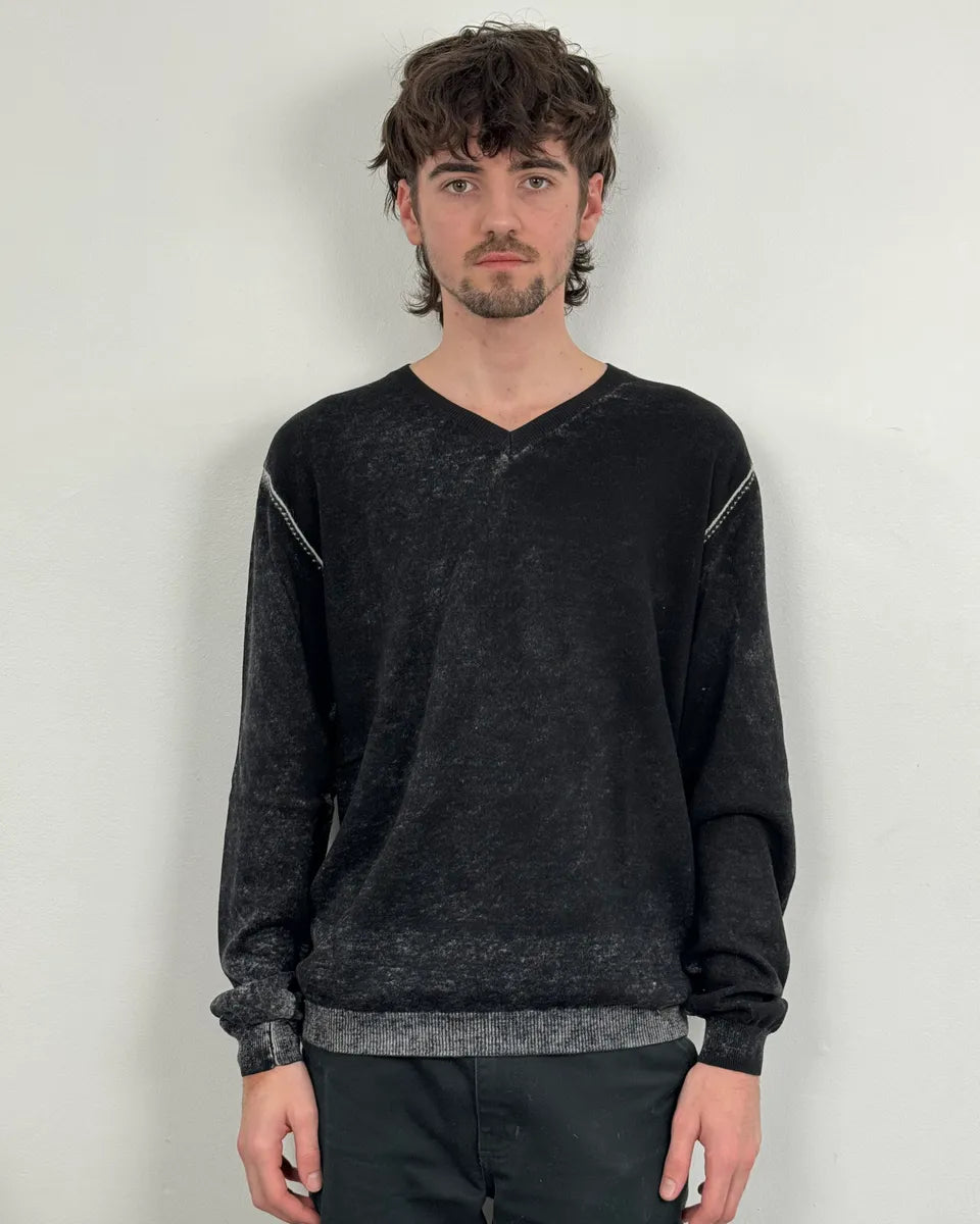 2010s John Galliano Black Eroded White Irregular V Neck Sweater VKVtGhX 1