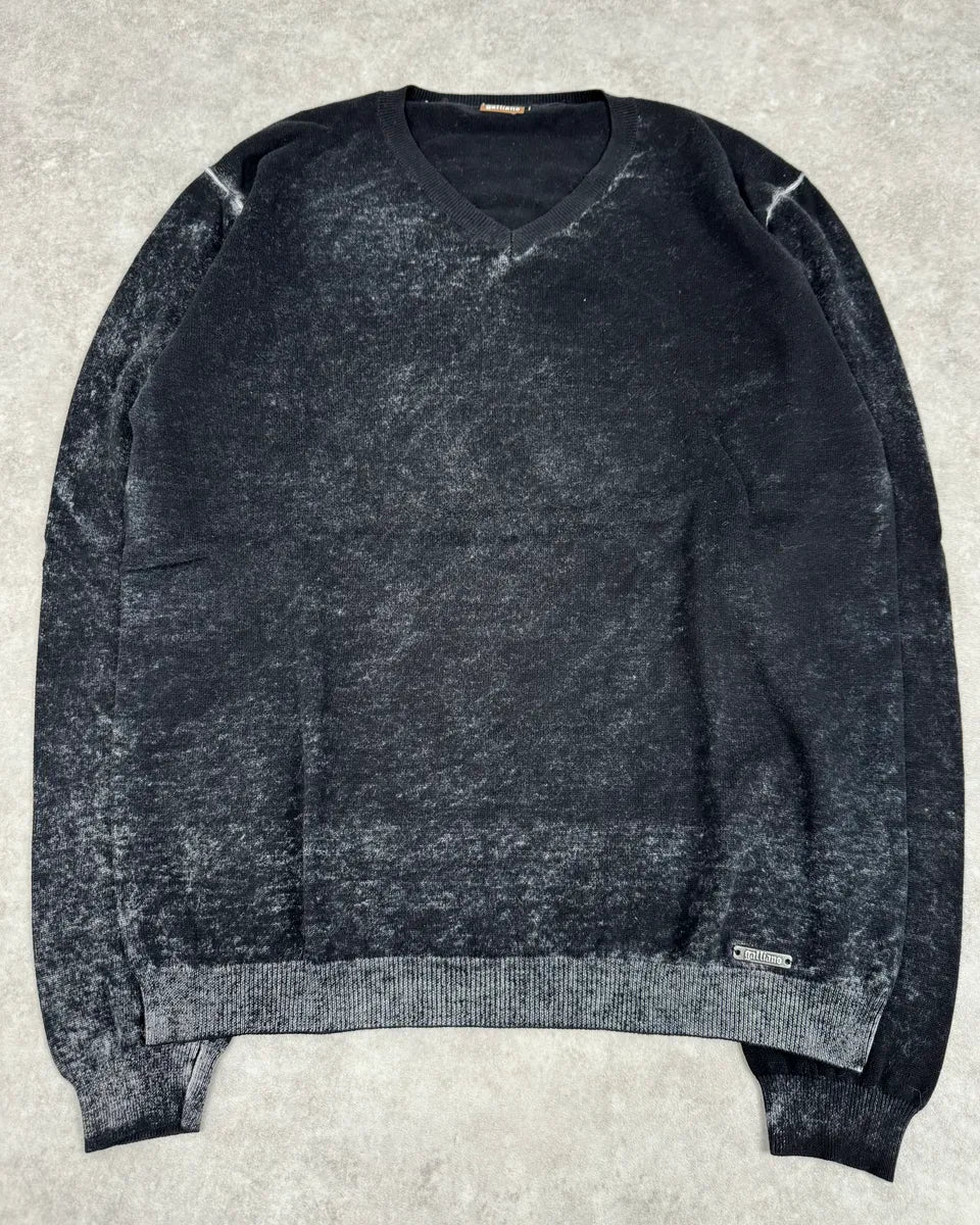 2010s John Galliano Black Eroded White Irregular V Neck Sweater VKVtGhX 3