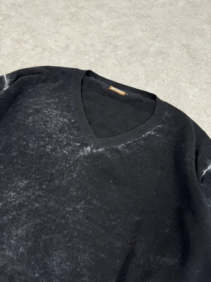 2010s John Galliano Black Eroded White Irregular V Neck Sweater VKVtGhX 4