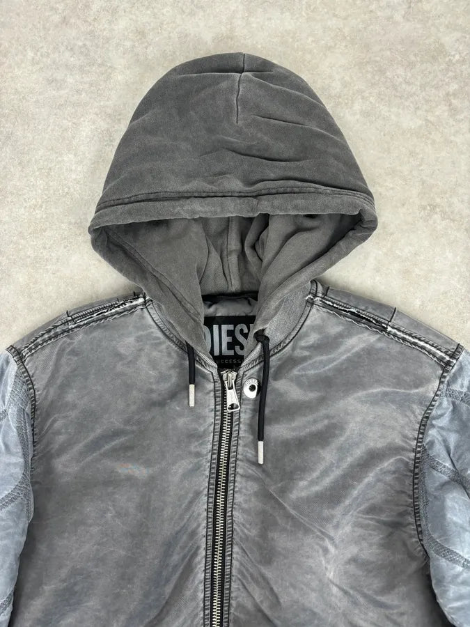 Diesel Hooded Grey Quilted Sleeves Bomber Jacket  WbZLdzS 3