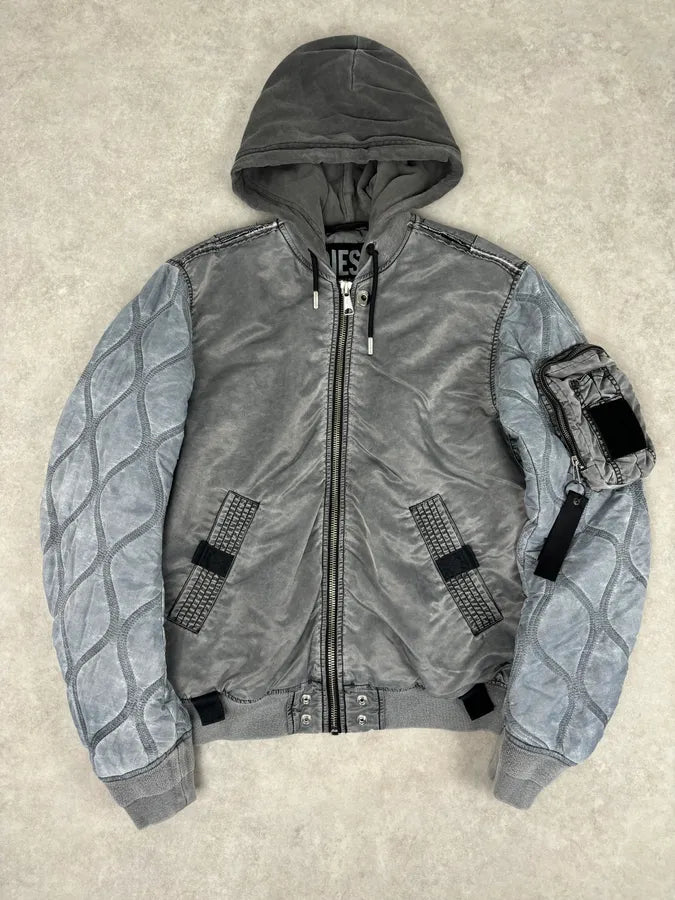 Diesel Hooded Grey Quilted Sleeves Bomber Jacket  WbZLdzS 0