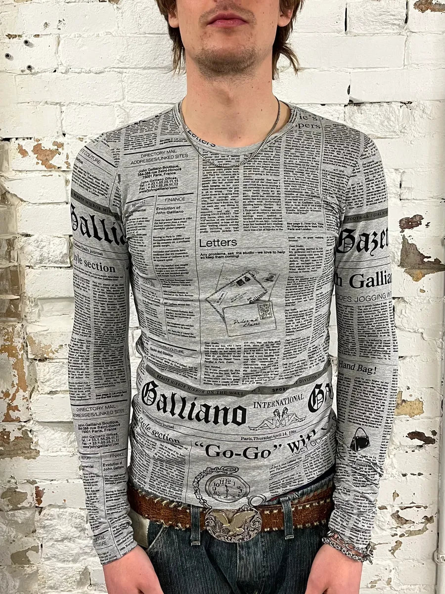 2010s John Galliano Newspaper Gazette Grey Longsleeve T-shirt bYWPLwo 1