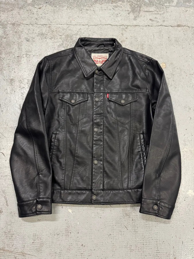 2010s Levi’s Trucker Black Faux Leather Jacket MYxmmvA 0