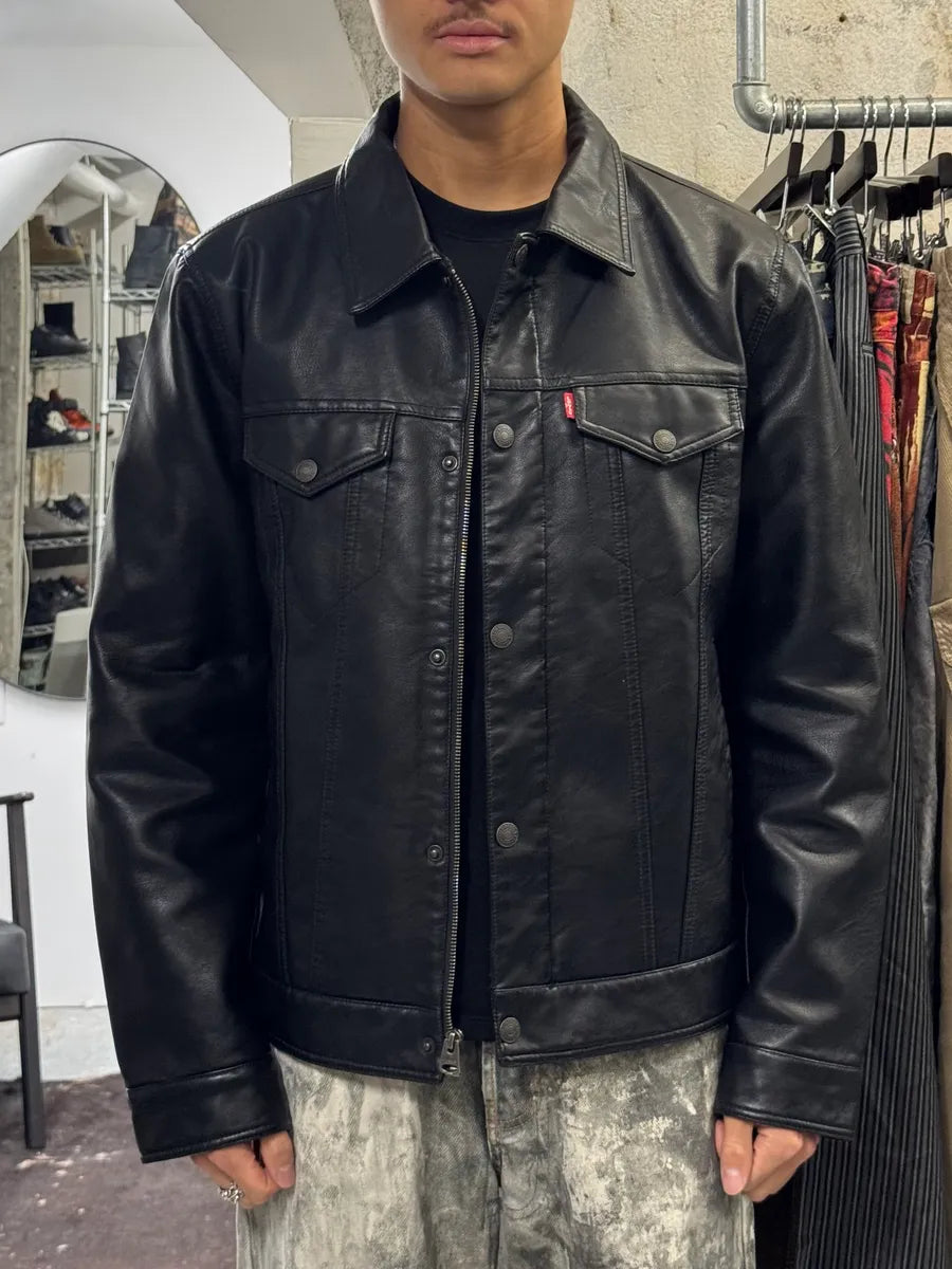 2010s Levi’s Trucker Black Faux Leather Jacket MYxmmvA 1