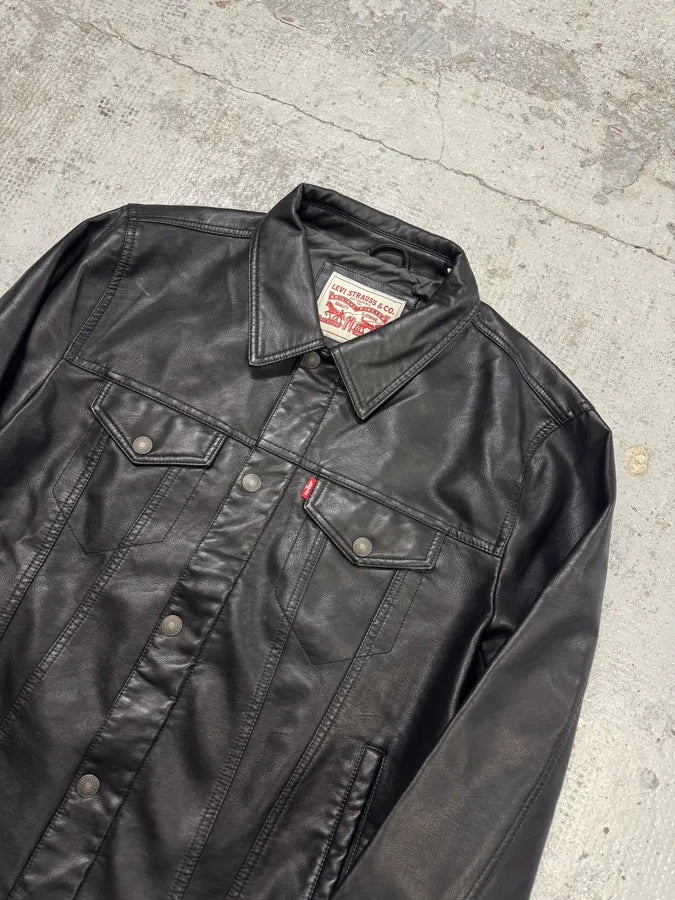 2010s Levi’s Trucker Black Faux Leather Jacket MYxmmvA 4