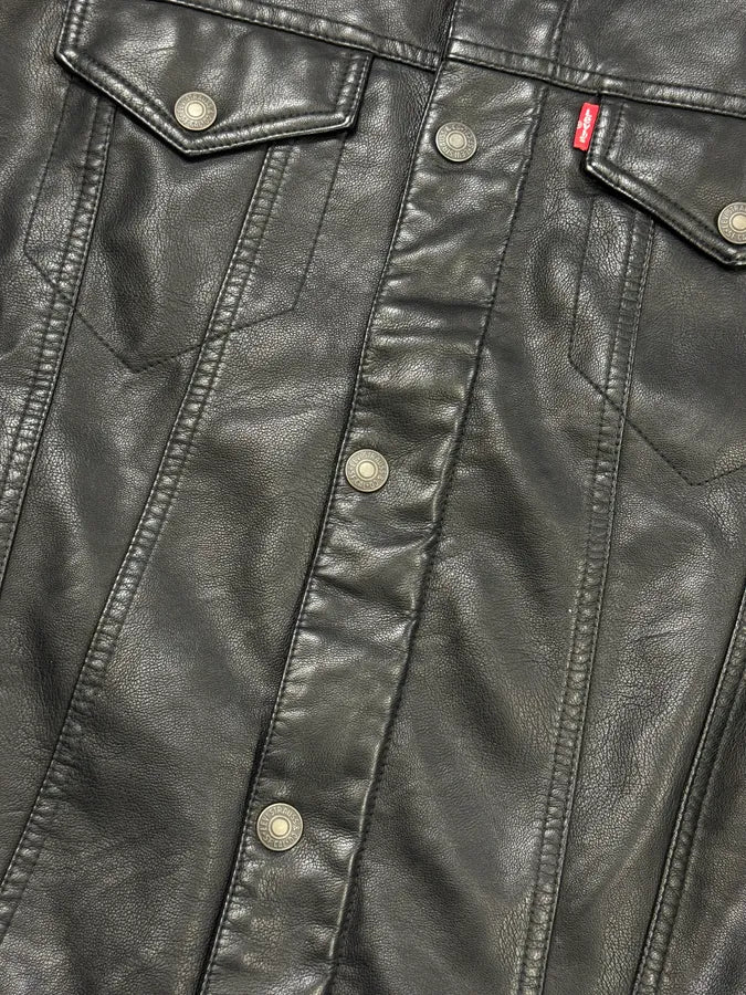 2010s Levi’s Trucker Black Faux Leather Jacket MYxmmvA 5