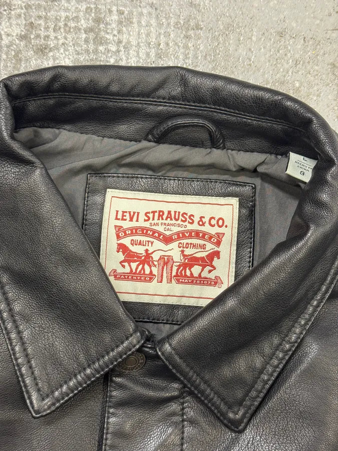 2010s Levi’s Trucker Black Faux Leather Jacket MYxmmvA 7