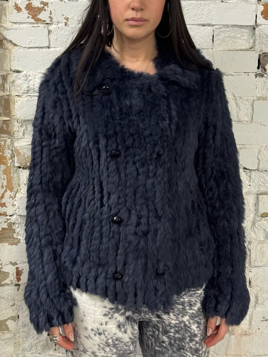 2010s Marc Jacobs Navy Rabbit Fur Officer Jacket rpygVyV 1