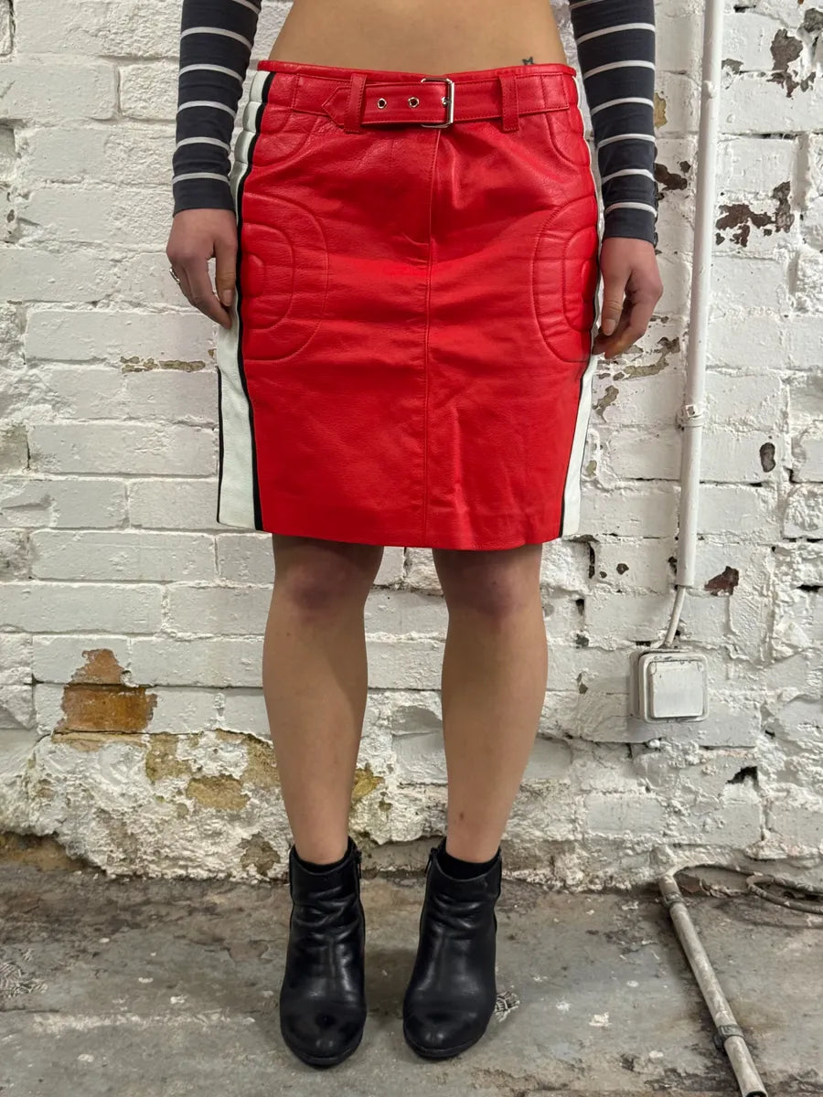 2010s Moschino Couture Red Leather Contrast Stripe Skirt oqgOnbH 1