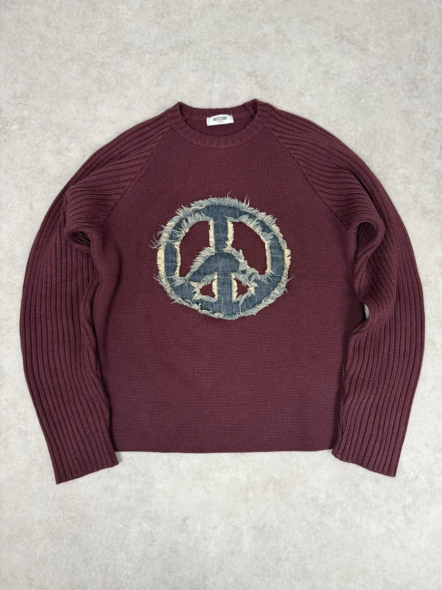 2010s Moschino Red Peace Signe Denim Sweater sfMELsA 0