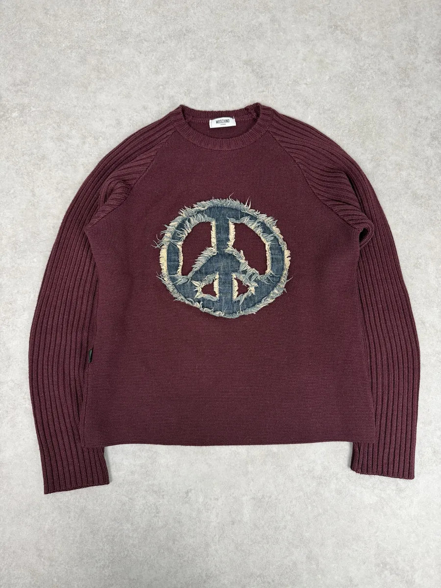 2010s Moschino Red Peace Signe Denim Sweater sfMELsA 4