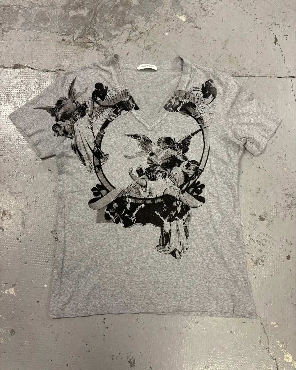 2010s Pierre Balmain Angels V-Neck Grey T-Shirt SjLaffQ 0