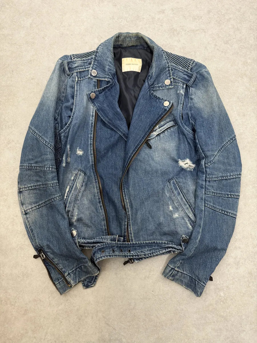 2010s Pierre Balmain Biker Race Blue Denim Jacket kSEmWsF 3
