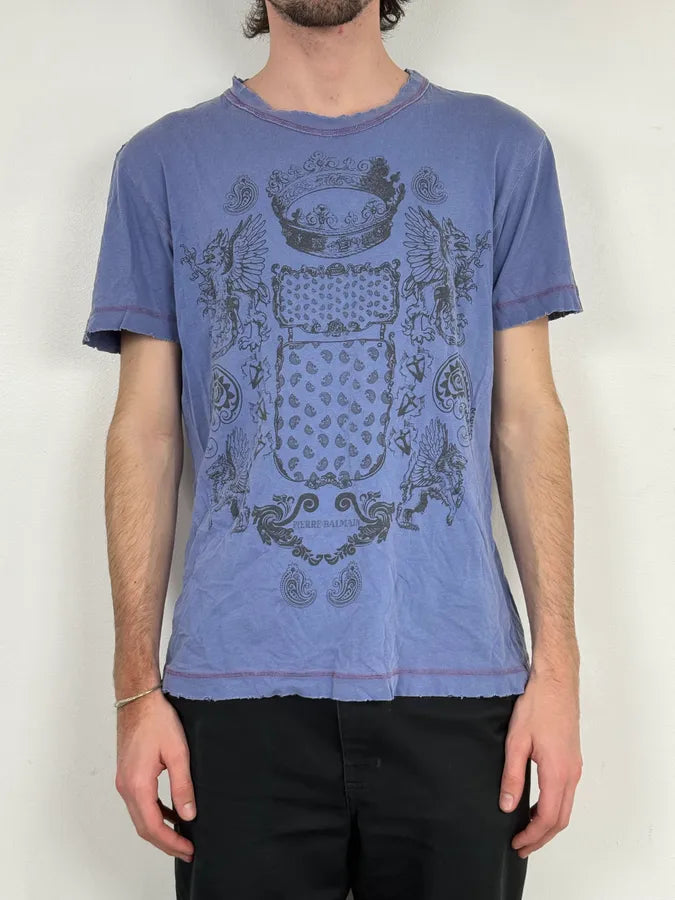 SS2012 Pierre Balmain Blue Distressed Signature T-Shirt rwyigOx 1