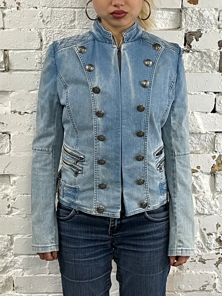 2010s Pierre Balmain Officer Buttoned Blue Denim Jacket FTFbuxJ 0