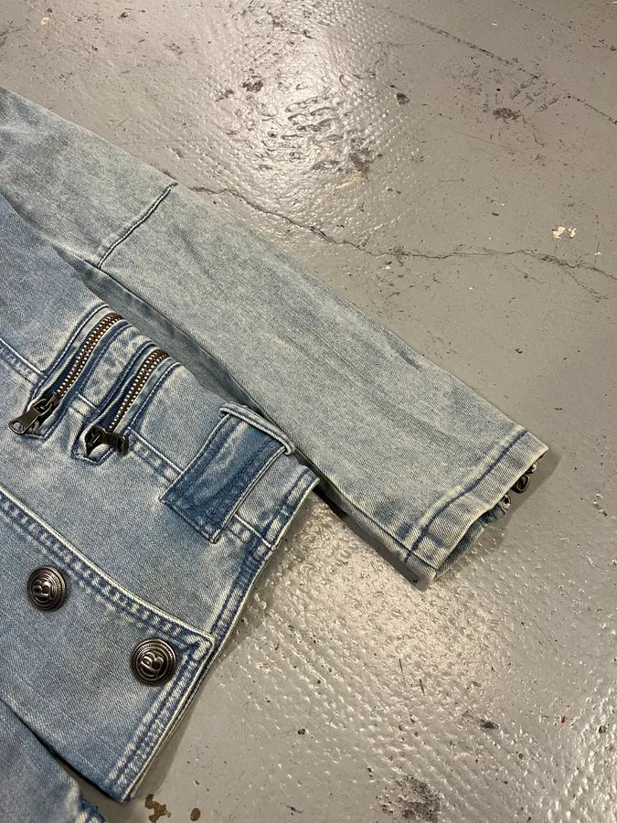2010s Pierre Balmain Officer Buttoned Blue Denim Jacket FTFbuxJ 5