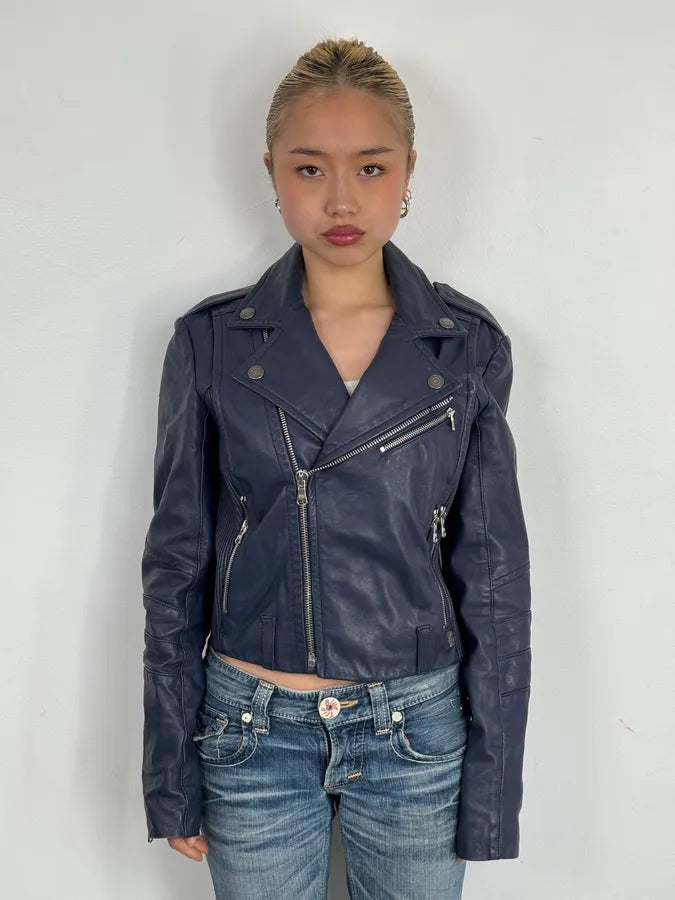 2010s Pierre Balmain Perfecto Biker Blue Leather Jacket zciCLFH 1