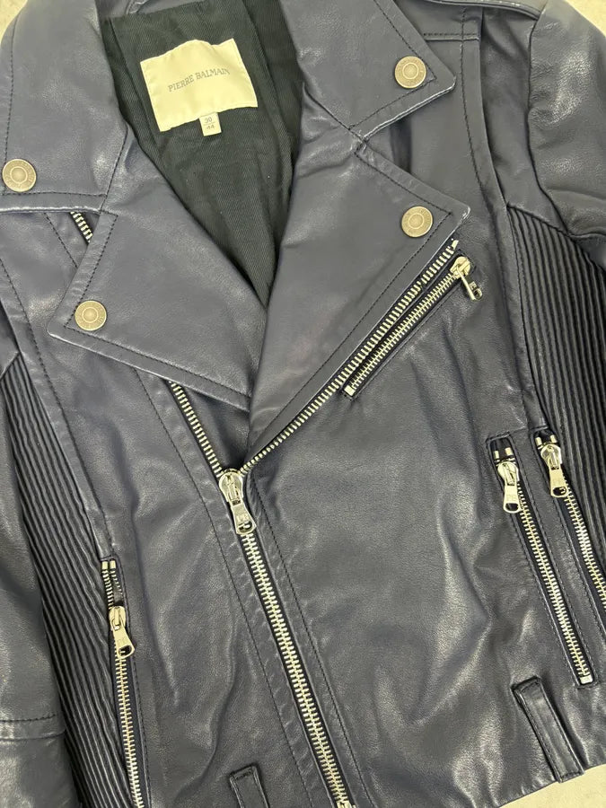 2010s Pierre Balmain Perfecto Biker Blue Leather Jacket zciCLFH 7