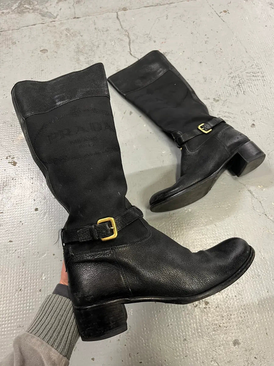 2010s Prada Black Leather Buckle Knee-High Boots  IsoiZBh 0