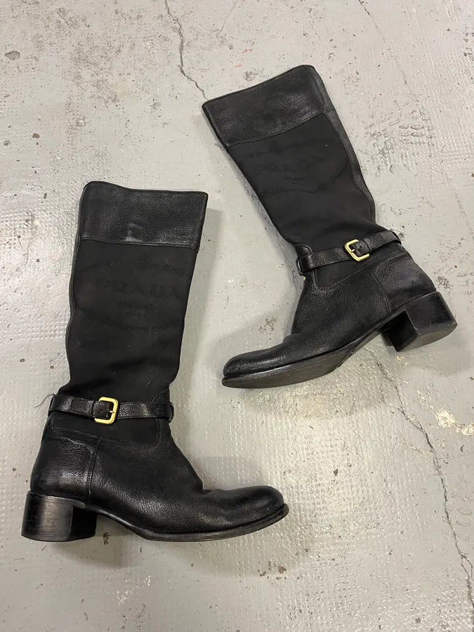 2010s Prada Black Leather Buckle Knee-High Boots  IsoiZBh 1