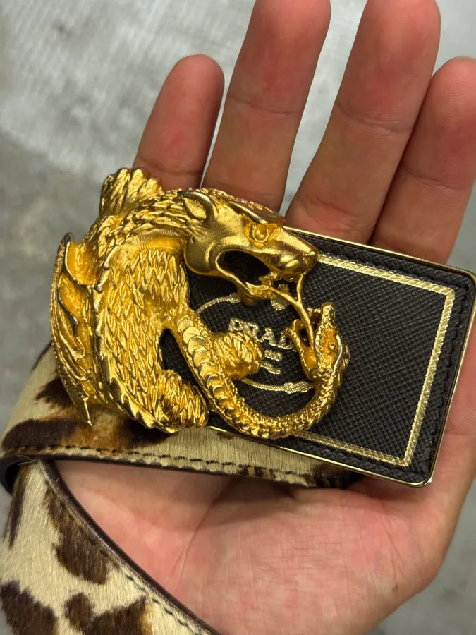 2010s Prada Golden Dragon Snake Battle Buckle Cow Leather Belt bsEbHgW 5