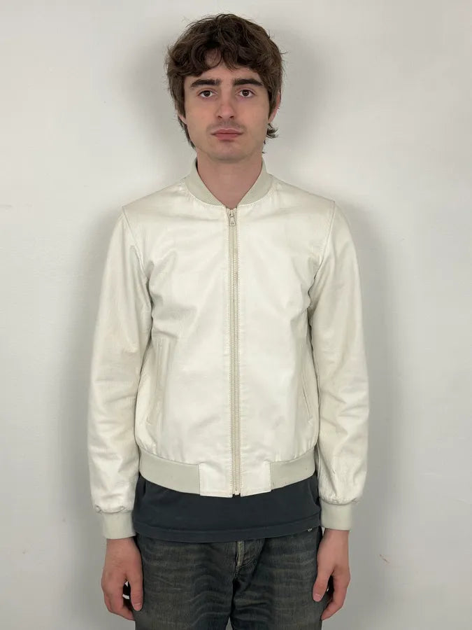 SS2003 Prada White Classic Leather Bomber Jacket QEMlxes 1