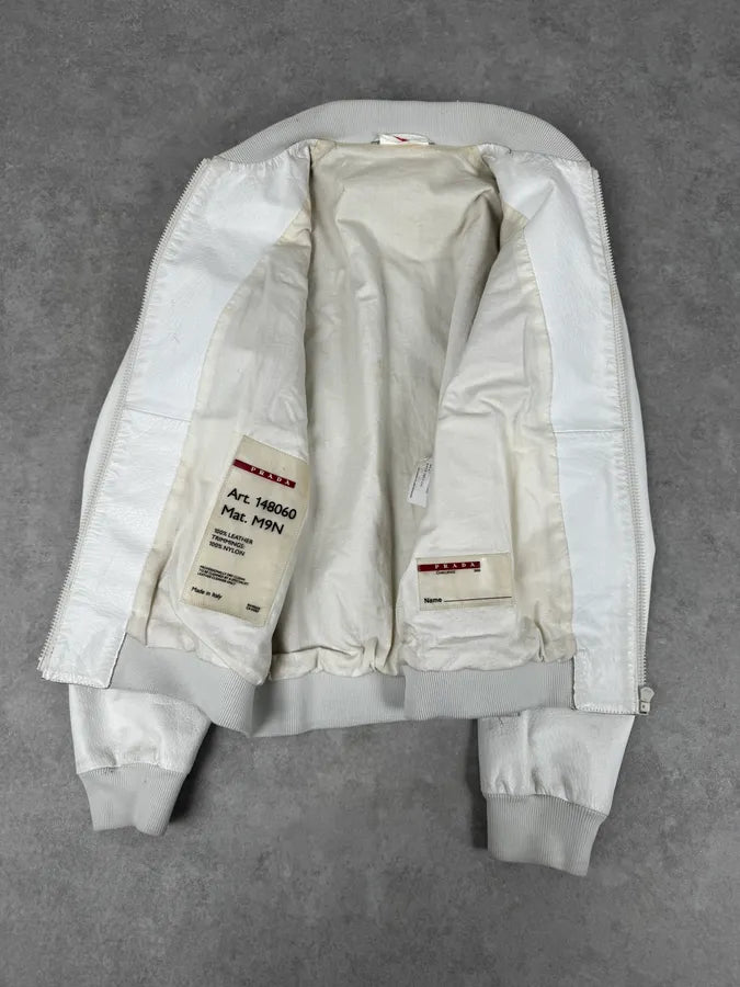 SS2003 Prada White Classic Leather Bomber Jacket QEMlxes 6