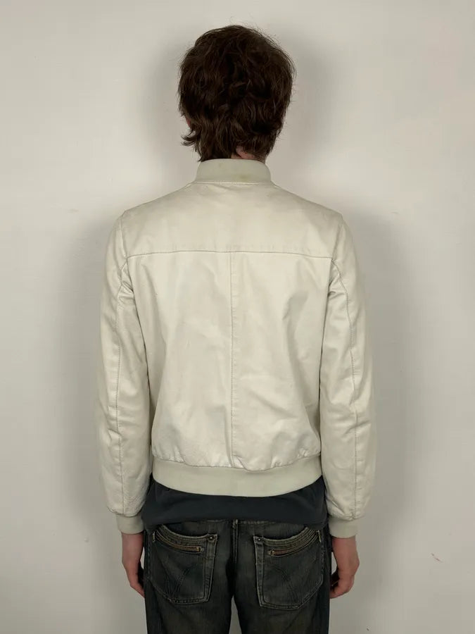 SS2003 Prada White Classic Leather Bomber Jacket QEMlxes 2