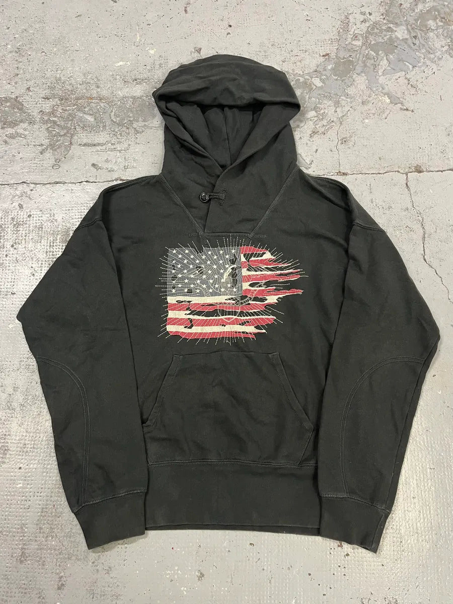 2010s Ralph Lauren American Distressed Flag Black Fadded Hoodie HaGSASh 0