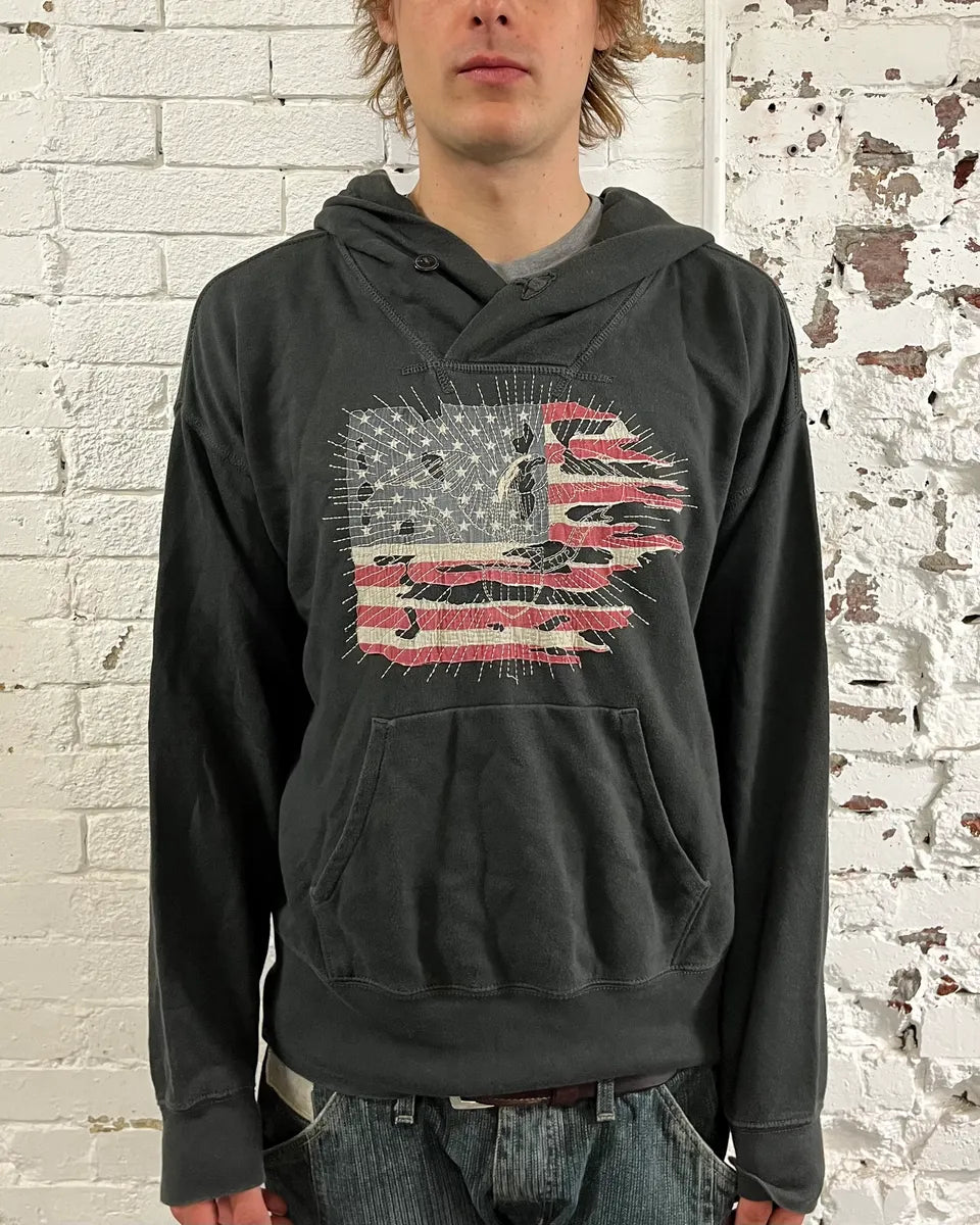 2010s Ralph Lauren American Distressed Flag Black Fadded Hoodie HaGSASh 1