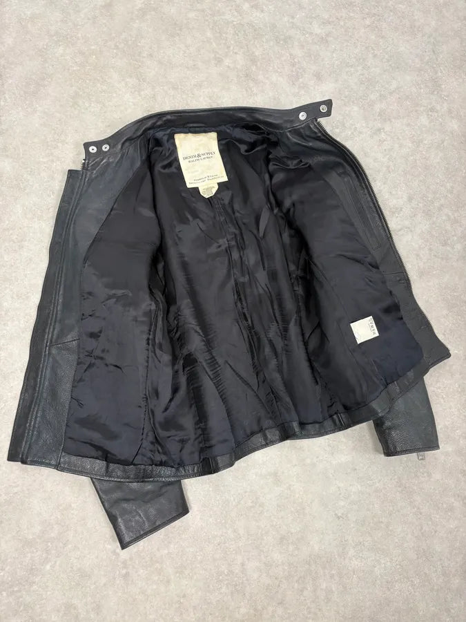 2010s Ralph Lauren Black Buffalo Leather American Flag Biker Jacket LYUmaRZ 6