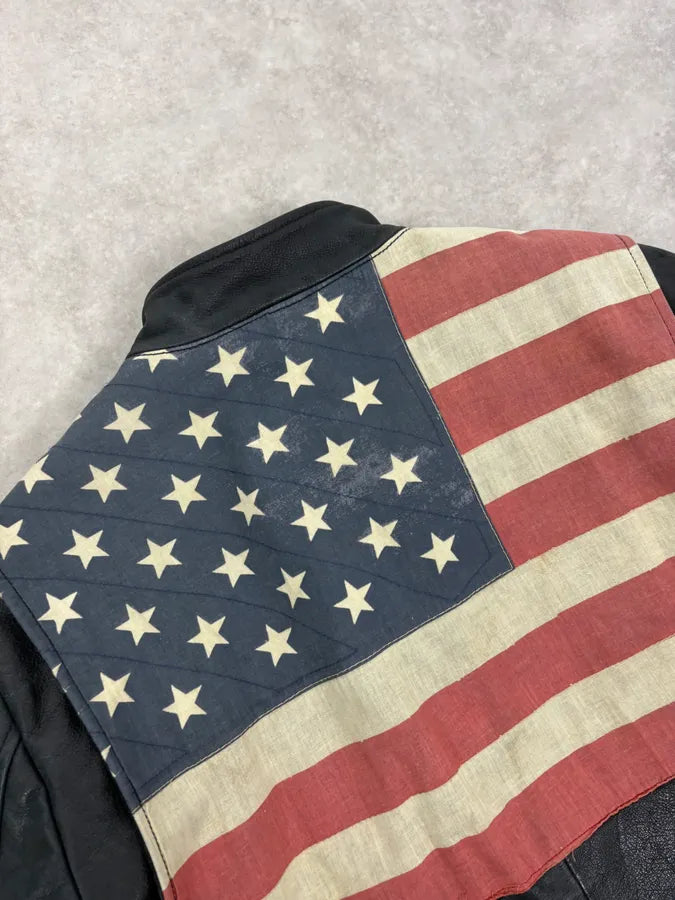 2010s Ralph Lauren Black Buffalo Leather American Flag Biker Jacket LYUmaRZ 5