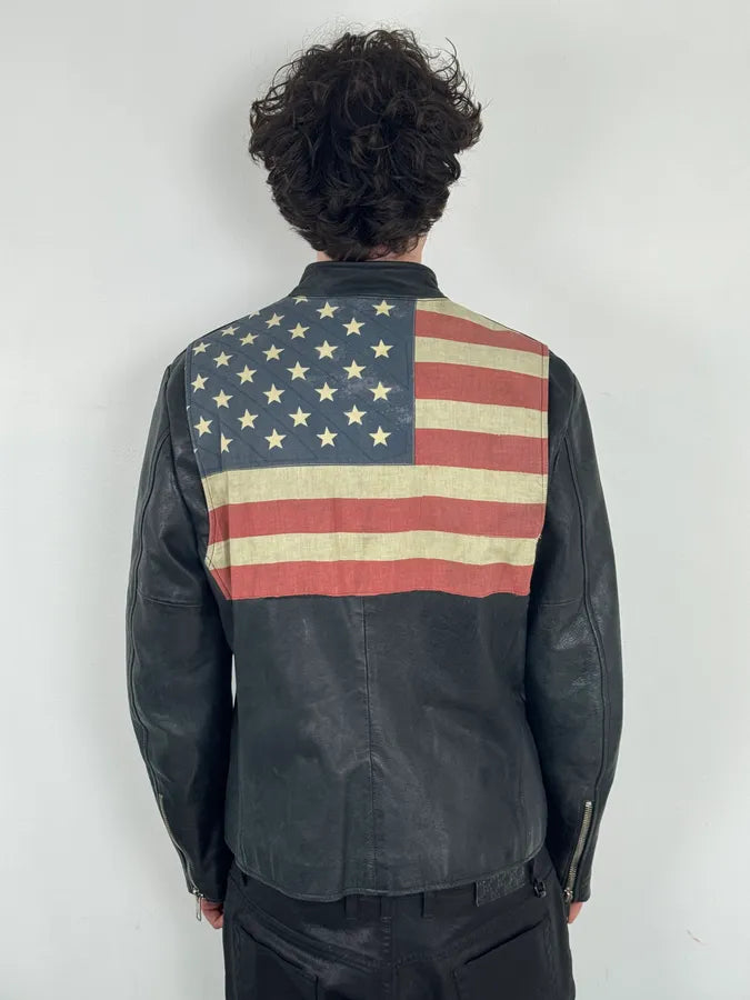 2010s Ralph Lauren Black Buffalo Leather American Flag Biker Jacket LYUmaRZ 2