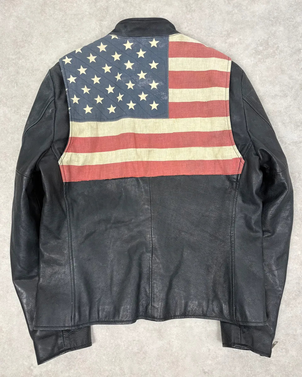 2010s Ralph Lauren Black Buffalo Leather American Flag Biker Jacket LYUmaRZ 0