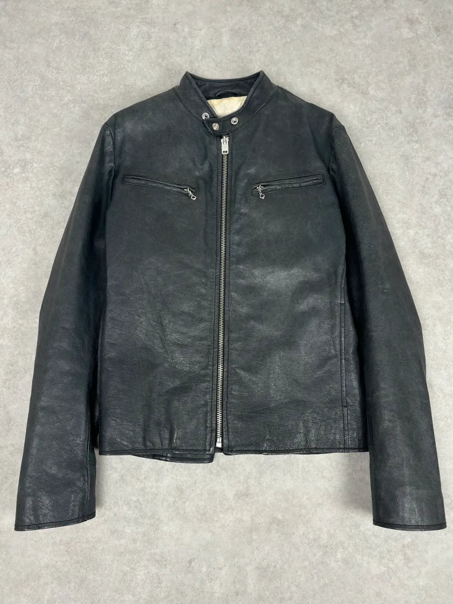 2010s Ralph Lauren Black Buffalo Leather American Flag Biker Jacket RfmWBKQ 1