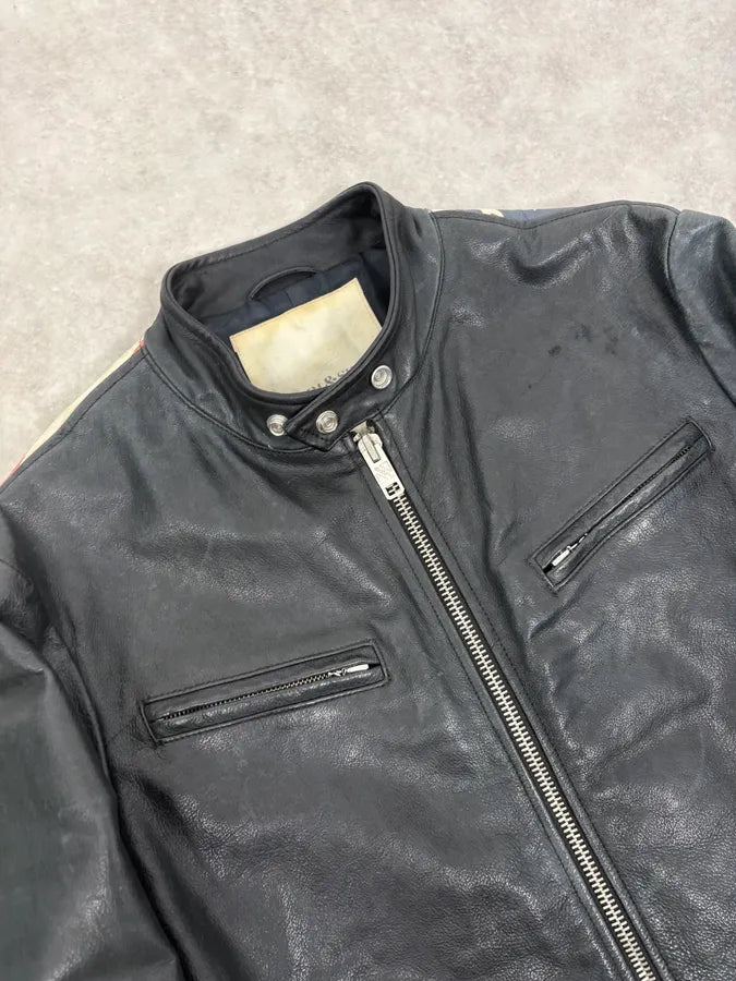2010s Ralph Lauren Black Buffalo Leather American Flag Biker Jacket LYUmaRZ 7