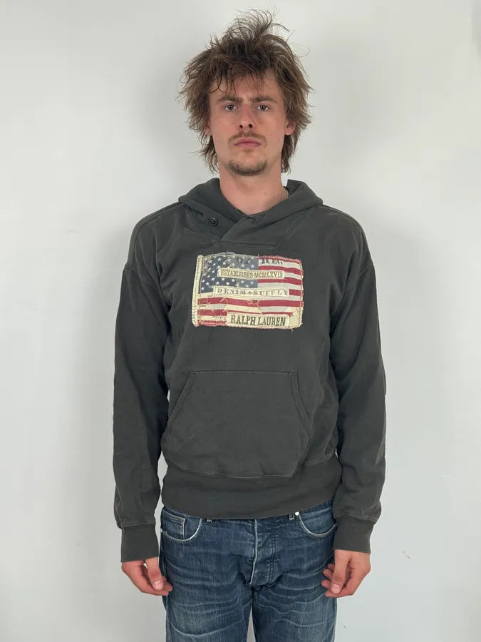 2010s Ralph Lauren Dark Grey USA Flag Buttoned Hoodie itzeAfx 1