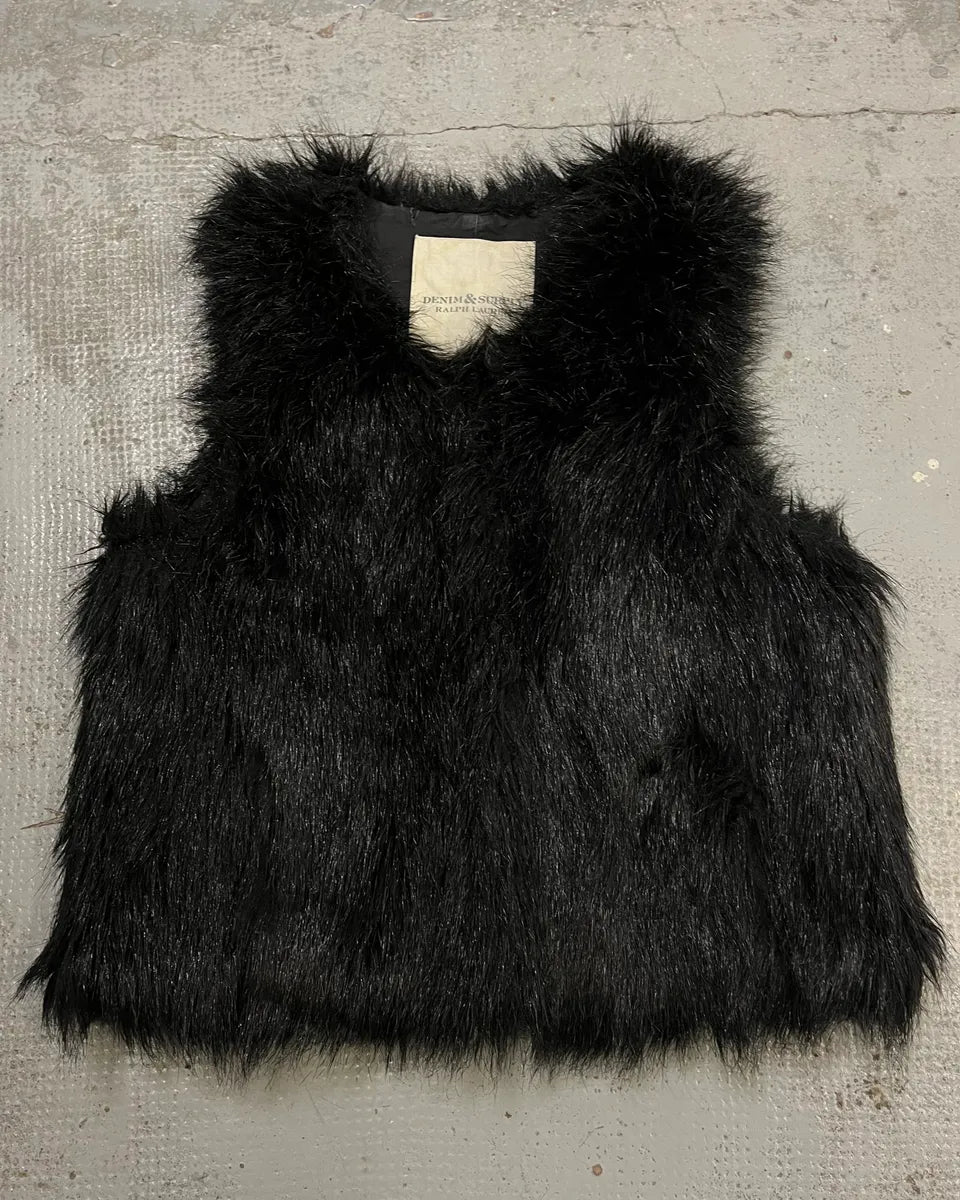 2010s Ralph Lauren Denim & Supply Black Faux Fur Fluffy Vest IMVmLJB 0