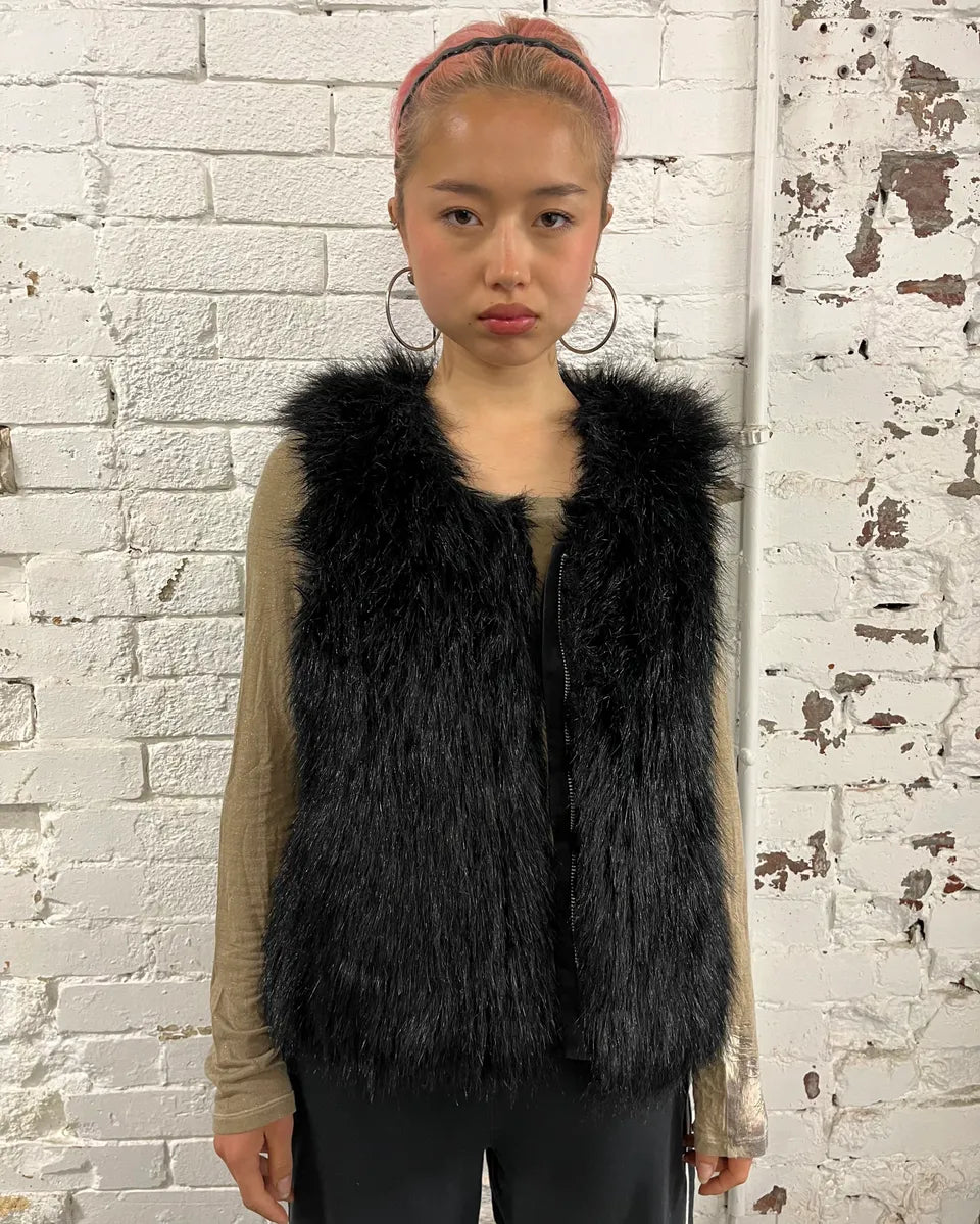 2010s Ralph Lauren Denim & Supply Black Faux Fur Fluffy Vest IMVmLJB 1