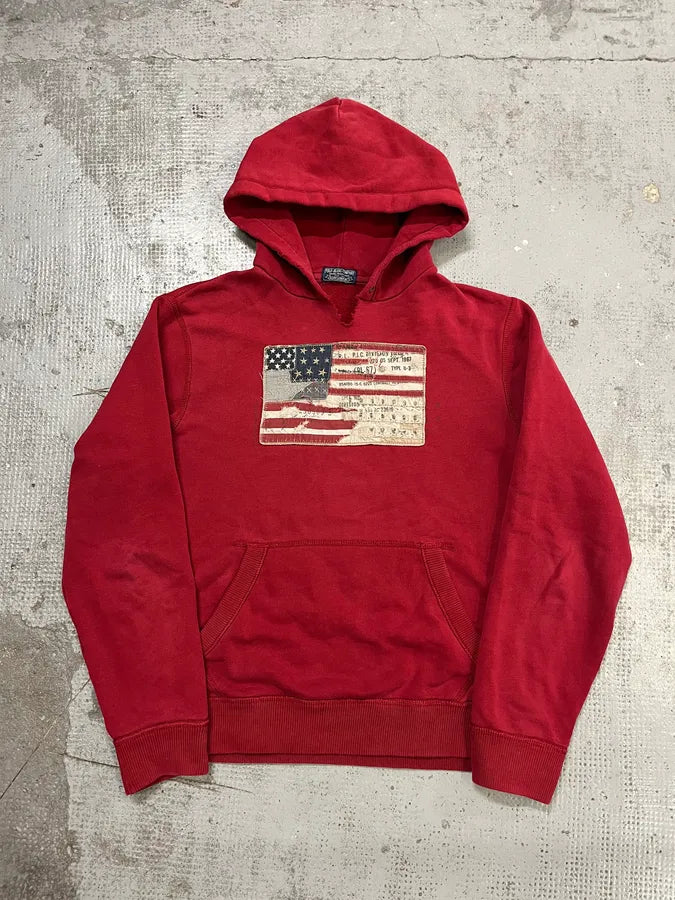2010s Ralph Lauren Denim & Supply USA Distressed Flag Red Hoodie wJMmlJj 0