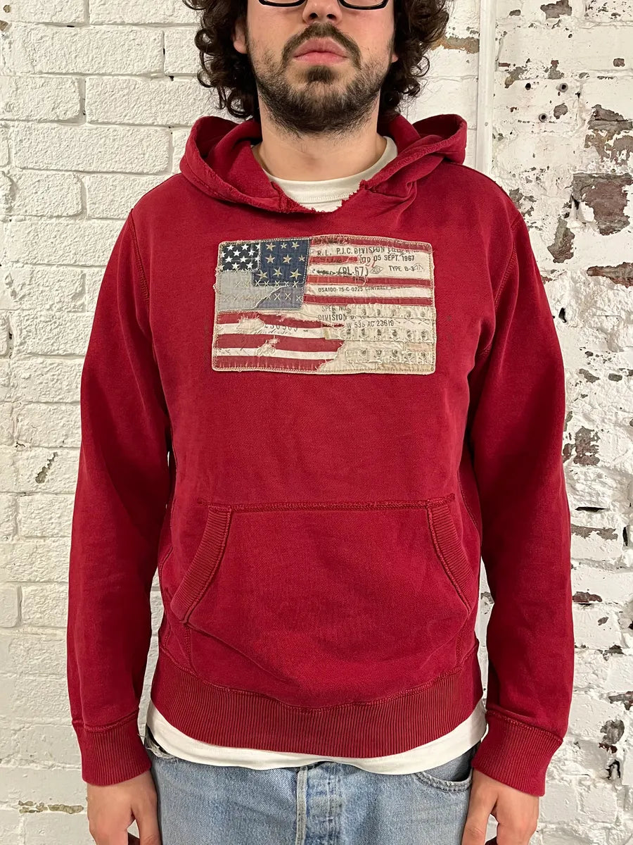 2010s Ralph Lauren Denim & Supply USA Distressed Flag Red Hoodie wJMmlJj 1