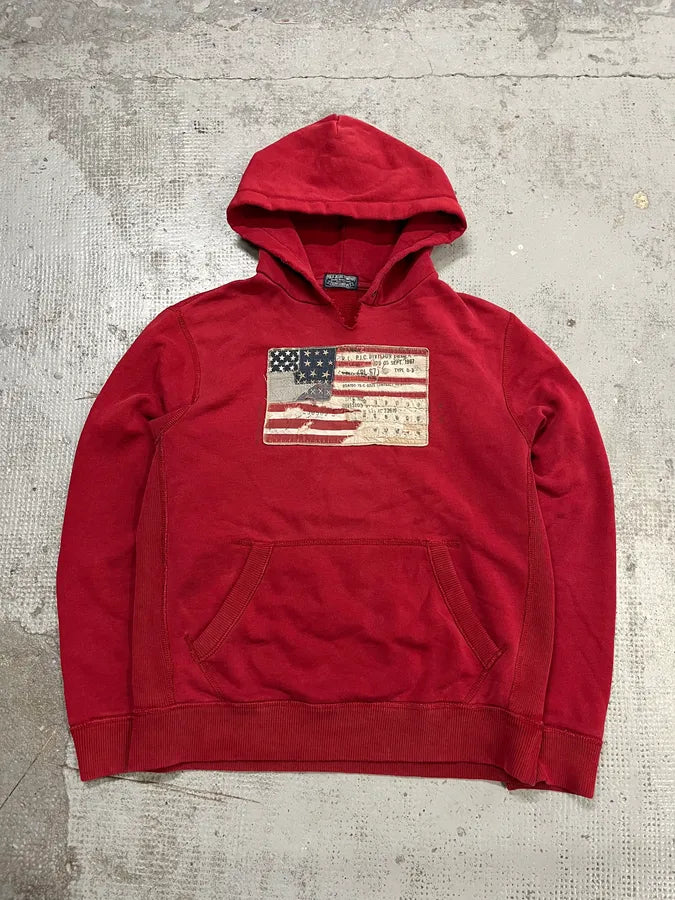 2010s Ralph Lauren Denim & Supply USA Distressed Flag Red Hoodie wJMmlJj 3
