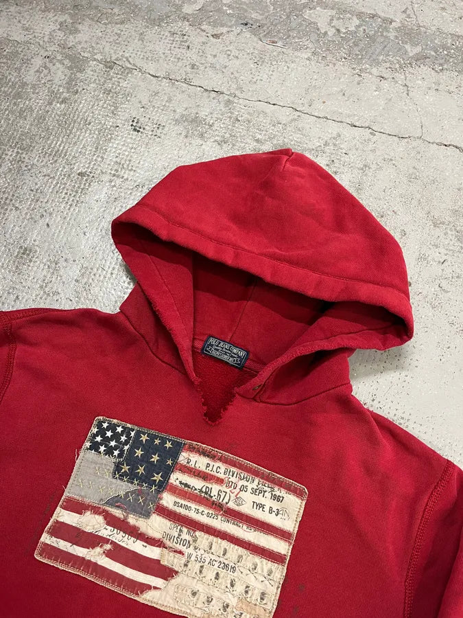 2010s Ralph Lauren Denim & Supply USA Distressed Flag Red Hoodie wJMmlJj 4