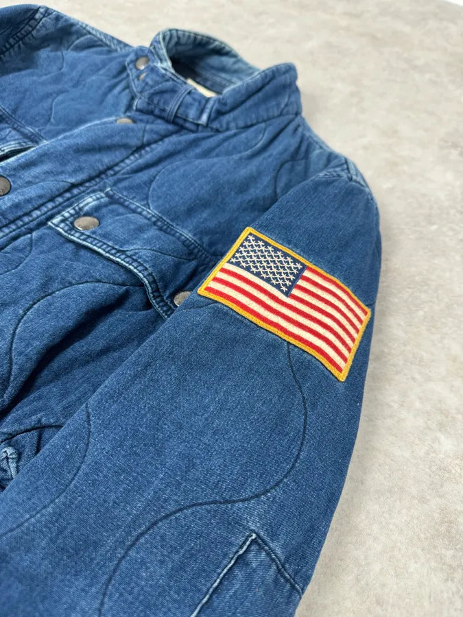2010s Ralph Lauren Denim USA Flag Blue Aviator Denim Jacket bUubeDM 5