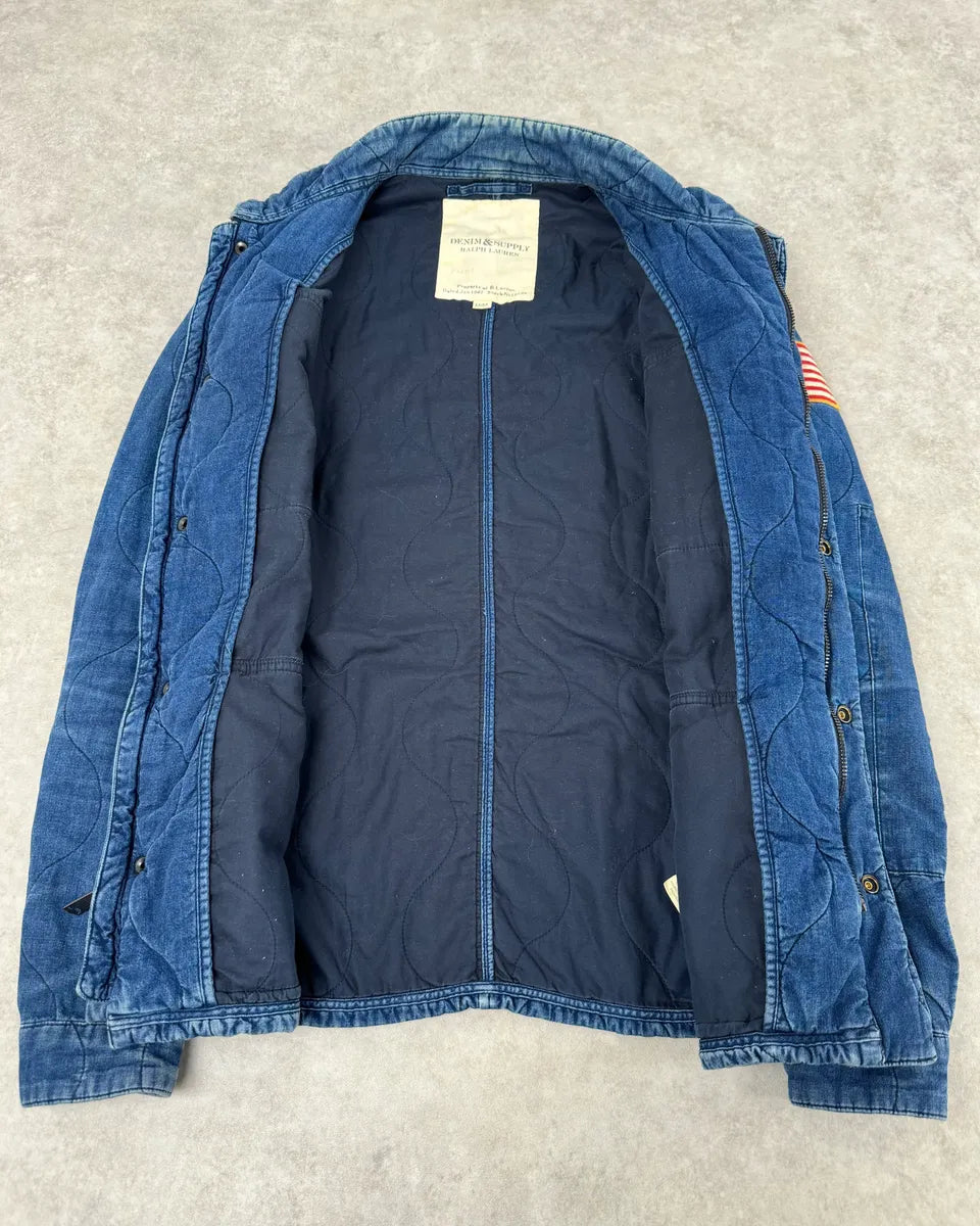2010s Ralph Lauren Denim USA Flag Blue Aviator Denim Jacket bUubeDM 8