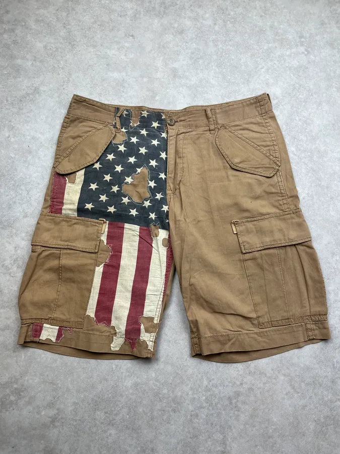 2010s Ralph Lauren Distressed USA Flag Beige Shorts pTdsyqB 3